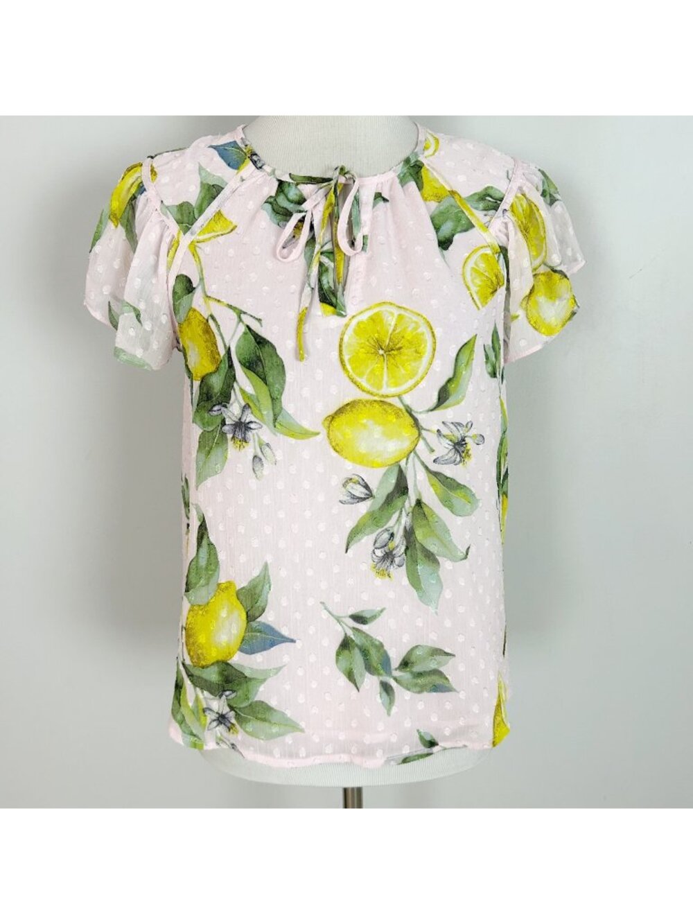 Joie Lemon Print Pink Clip Dot Top Flutter Sleeve Summer‎ Preppy Size XS Women's